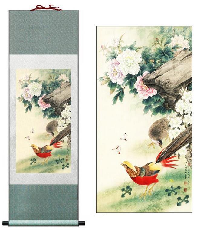 Chinese Art Scroll Painting Animal Birds And Flower Ancient Silk Picture Wall Ideas 10776-Chinese Style Finds™