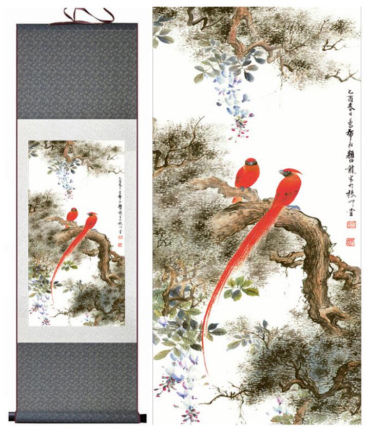 Chinese Art Scroll Painting Animal Birds And Flower Ancient Silk Picture Wall Ideas 12766-Chinese Style Finds™