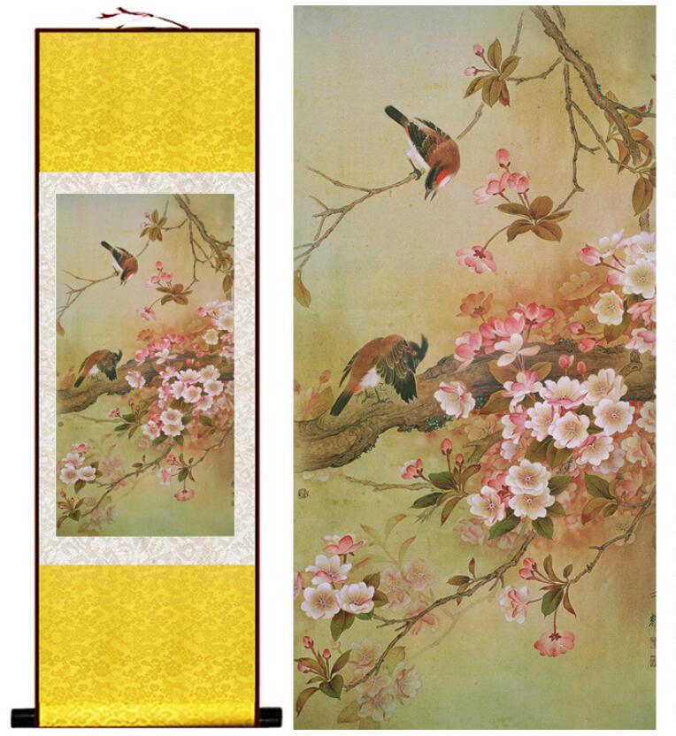 Chinese Art Scroll Painting Animal Birds And Flower Ancient Silk Picture Wall Ideas 12782-Chinese Style Finds™