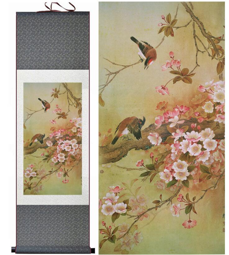 Chinese Art Scroll Painting Animal Birds And Flower Ancient Silk Picture Wall Ideas 12782-Chinese Style Finds™