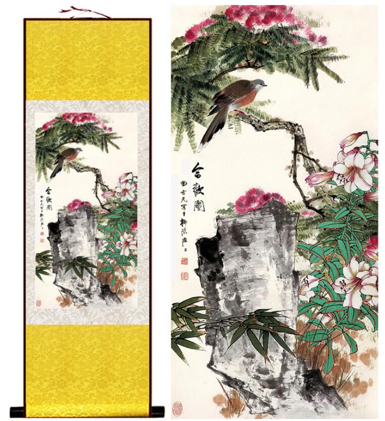 Chinese Art Scroll Painting Animal Birds And Flower Ancient Silk Picture Wall Ideas 13206-Chinese Style Finds™