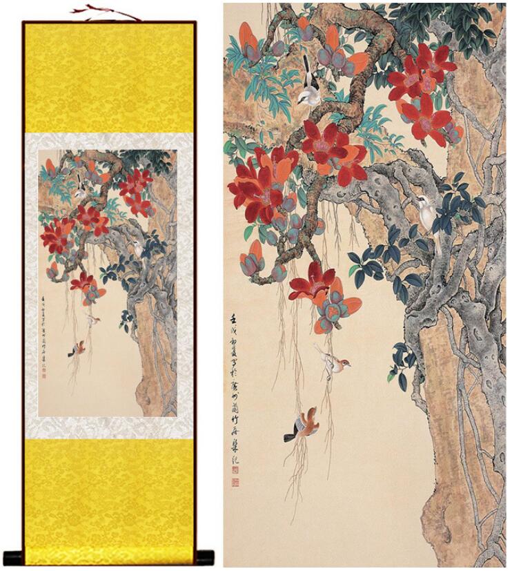 Chinese Art Scroll Painting Animal Birds And Flower Ancient Silk Picture Wall Ideas 13214-Chinese Style Finds™