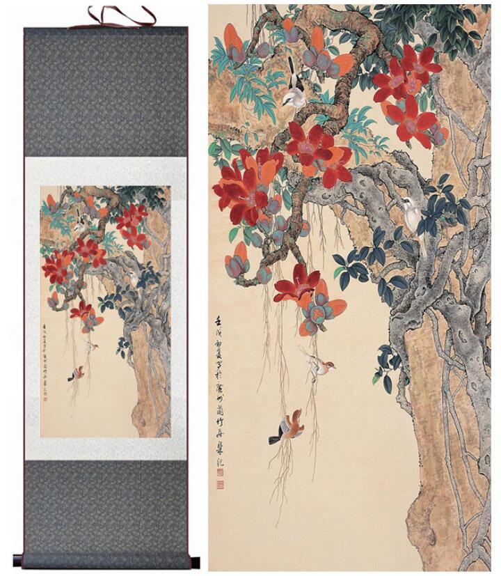 Chinese Art Scroll Painting Animal Birds And Flower Ancient Silk Picture Wall Ideas 13214-Chinese Style Finds™