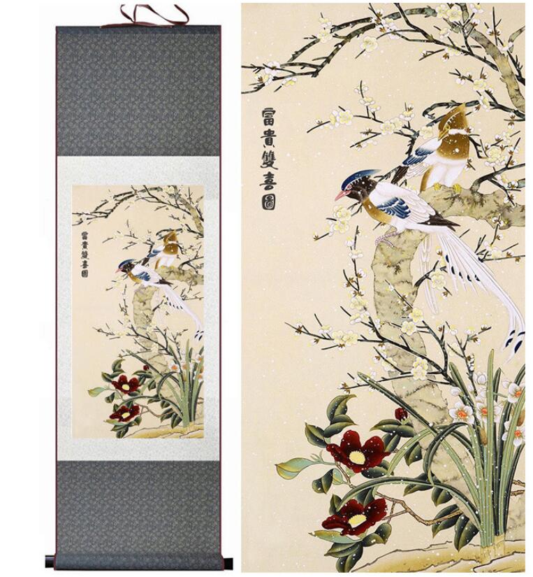 Chinese Art Scroll Painting Animal Birds And Flower Ancient Silk Picture Wall Ideas 13234-Chinese Style Finds™