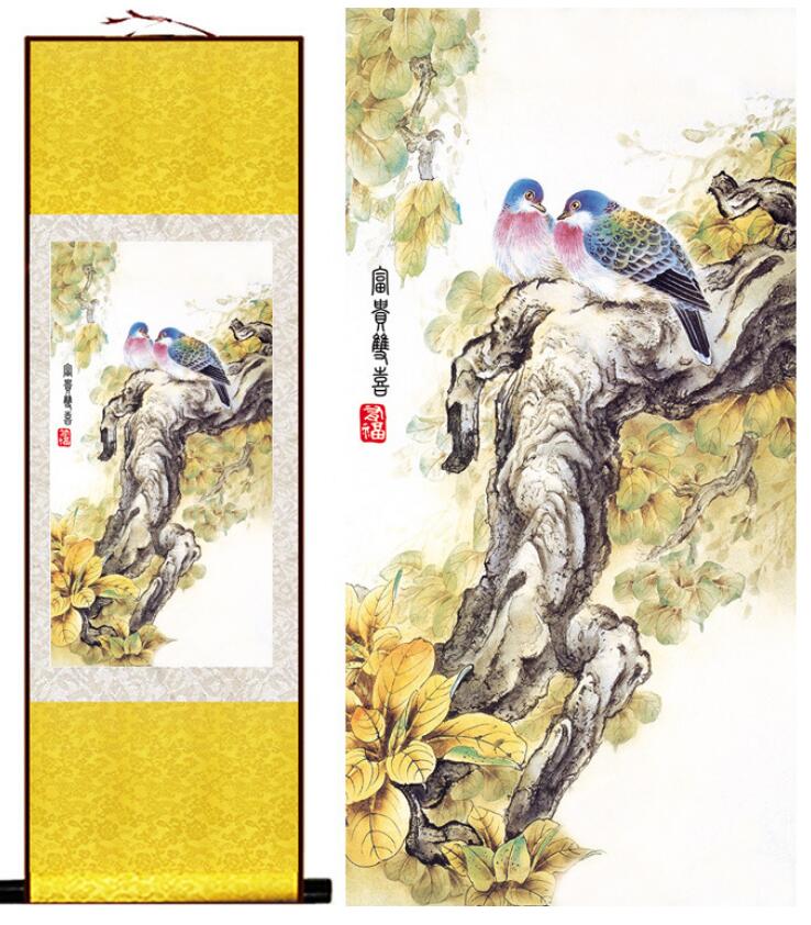 Chinese Art Scroll Painting Animal Birds And Flower Ancient Silk Picture Wall Ideas 13290-Chinese Style Finds™