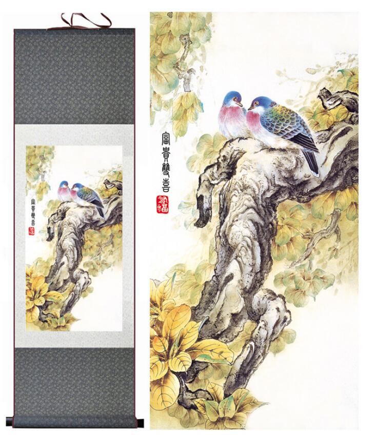 Chinese Art Scroll Painting Animal Birds And Flower Ancient Silk Picture Wall Ideas 13290-Chinese Style Finds™