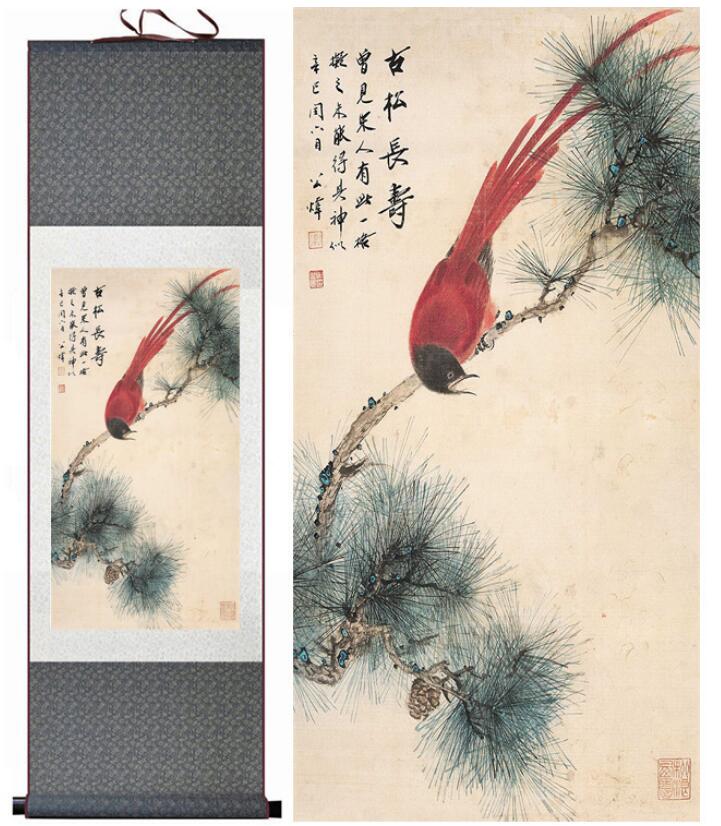 Chinese Art Scroll Painting Animal Birds And Flower Ancient Silk Picture Wall Ideas 13842-Chinese Style Finds™