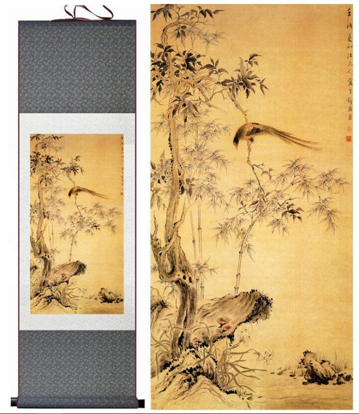 Chinese Art Scroll Painting Animal Birds And Flower Ancient Silk Picture Wall Ideas 13866-Chinese Style Finds™