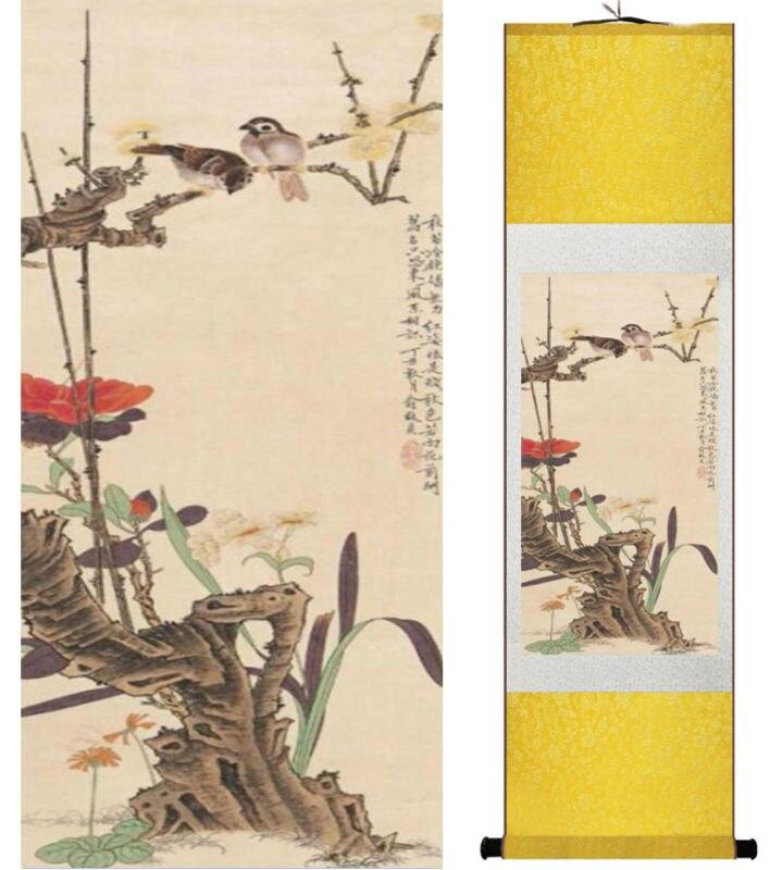 Chinese Art Scroll Painting Animal Birds And Flower Ancient Silk Picture Wall Ideas 14174-Chinese Style Finds™