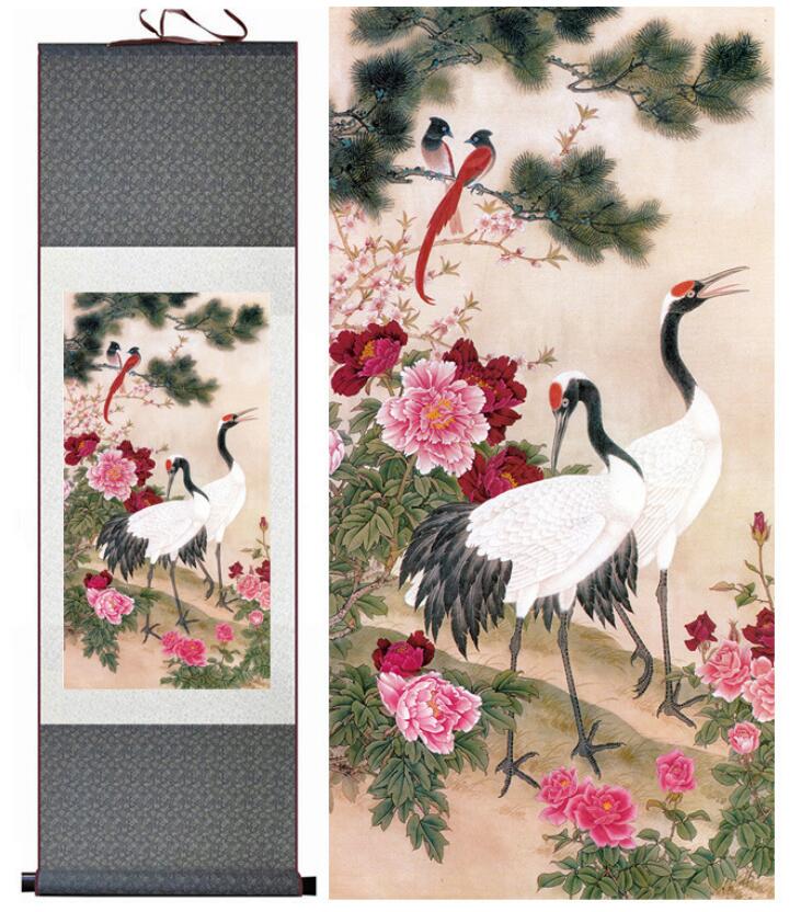 Chinese Art Scroll Painting Animal Birds And Flower Songhe Mudan Ancient Silk Picture Wall Ideas 12790-Chinese Style Finds™