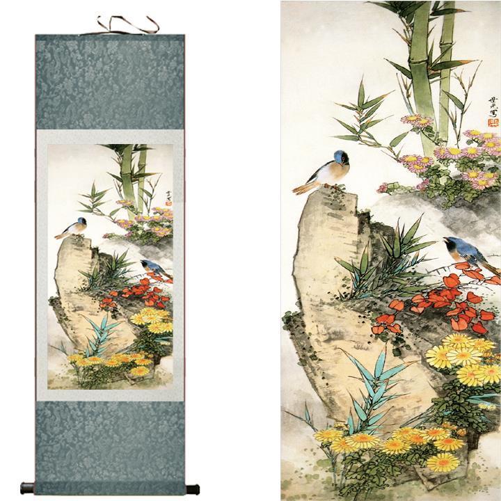 Chinese Art Scroll Painting Animal Birds And Flowers Ancient Silk Picture Wall Ideas 10450-Chinese Style Finds™