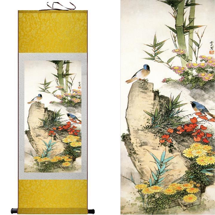 Chinese Art Scroll Painting Animal Birds And Flowers Ancient Silk Picture Wall Ideas 10450-Chinese Style Finds™