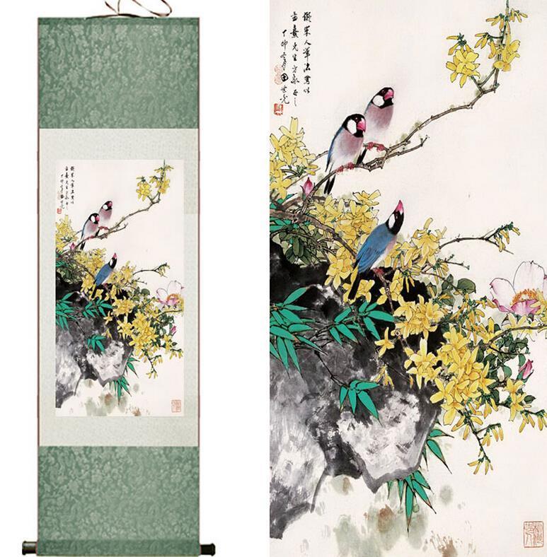 Chinese Art Scroll Painting Animal Birds And Flowers Ancient Silk Picture Wall Ideas 10784-Chinese Style Finds™