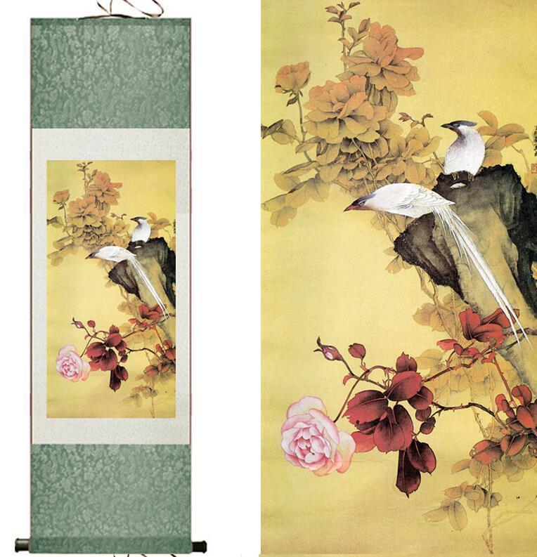 Chinese Art Scroll Painting Animal Birds And Flowers Ancient Silk Picture Wall Ideas 10788-Chinese Style Finds™