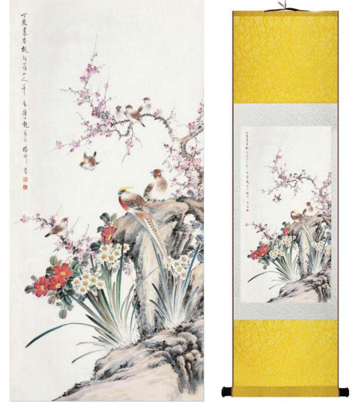 Chinese Art Scroll Painting Animal Birds And Flowers Ancient Silk Picture Wall Ideas 14278-Chinese Style Finds™