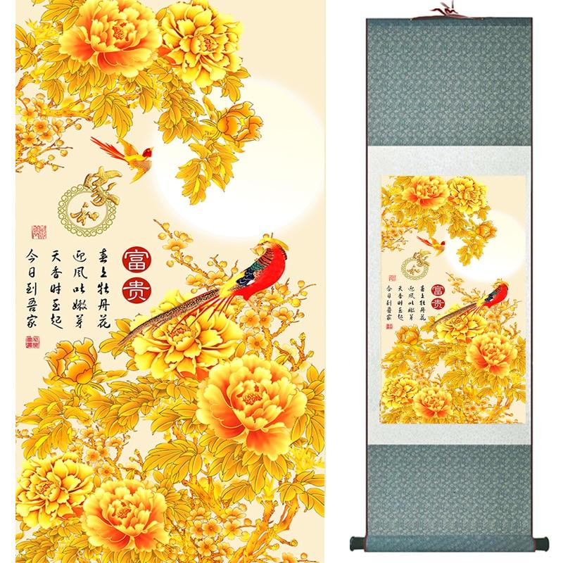 Chinese Art Scroll Painting Animal Birds And Flowers Peony Ancient Silk Picture Wall Ideas 20046-Chinese Style Finds™