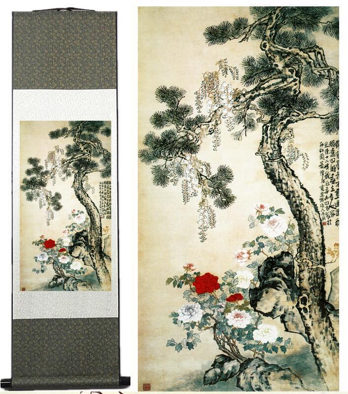 Chinese Art Scroll Painting Animal Birds And Peony Flower Ancient Silk Picture Wall Ideas 12034-Chinese Style Finds™