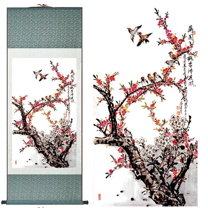 Chinese Art Scroll Painting Animal Birds And Plum Bossom Ancient Silk Picture Wall Ideas 10766-Chinese Style Finds™