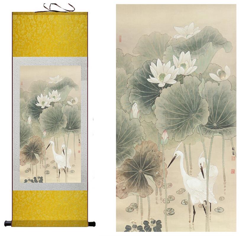 Chinese Art Scroll Painting Animal Birds And Water Lily Ancient Silk Picture Wall Ideas 10312-Chinese Style Finds™