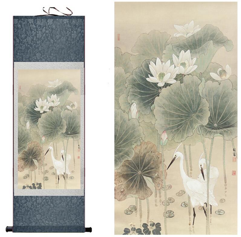 Chinese Art Scroll Painting Animal Birds And Water Lily Ancient Silk Picture Wall Ideas 10312-Chinese Style Finds™