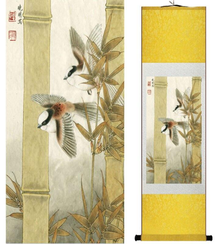 Chinese Art Scroll Painting Animal Birds Flying Bamboos Ancient Silk Picture Wall Ideas 14026-Chinese Style Finds™