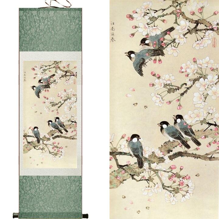 Chinese Art Scroll Painting Animal Birds Flying On Tree Ancient Silk Picture Wall Ideas 11074-Chinese Style Finds™