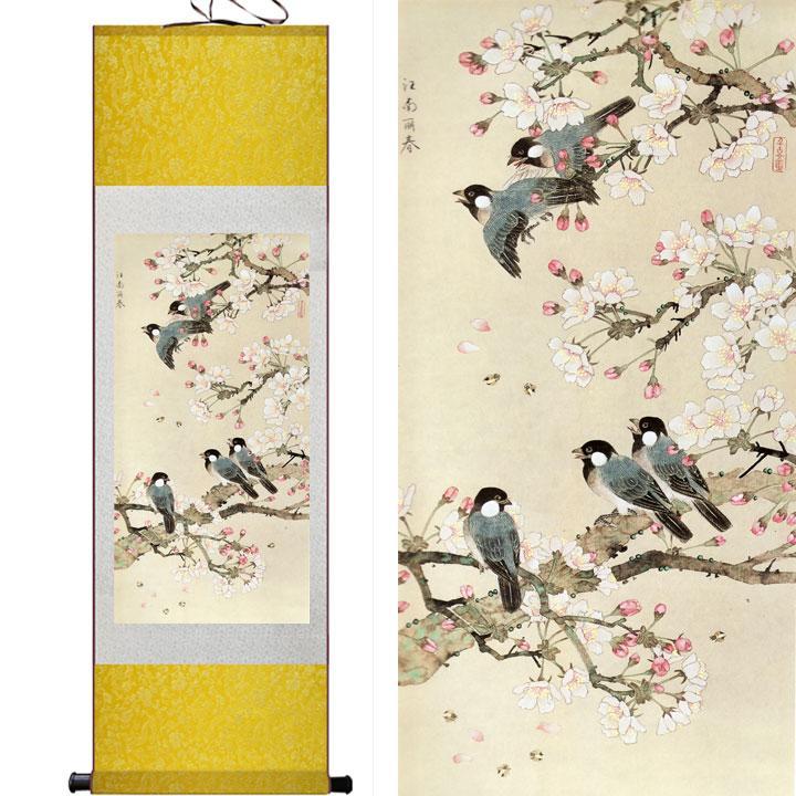 Chinese Art Scroll Painting Animal Birds Flying On Tree Ancient Silk Picture Wall Ideas 11074-Chinese Style Finds™