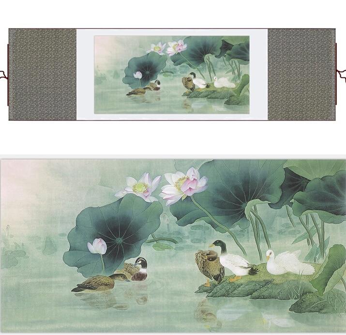 Chinese Art Scroll Painting Animal Birds In Water Ancient Silk Picture Wall Ideas 11298-Chinese Style Finds™