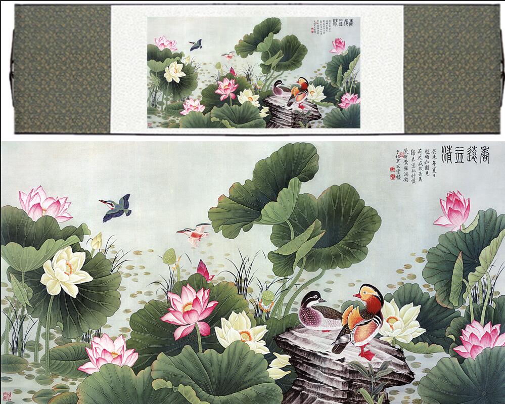 Chinese Art Scroll Painting Animal Birds In Water Ancient Silk Picture Wall Ideas 12022-Chinese Style Finds™