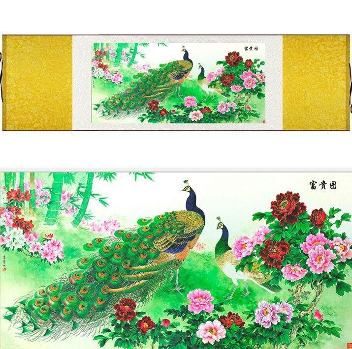 Chinese Art Scroll Painting Animal Birds In Water Peacock Ancient Silk Picture Wall Ideas 11302-Chinese Style Finds™