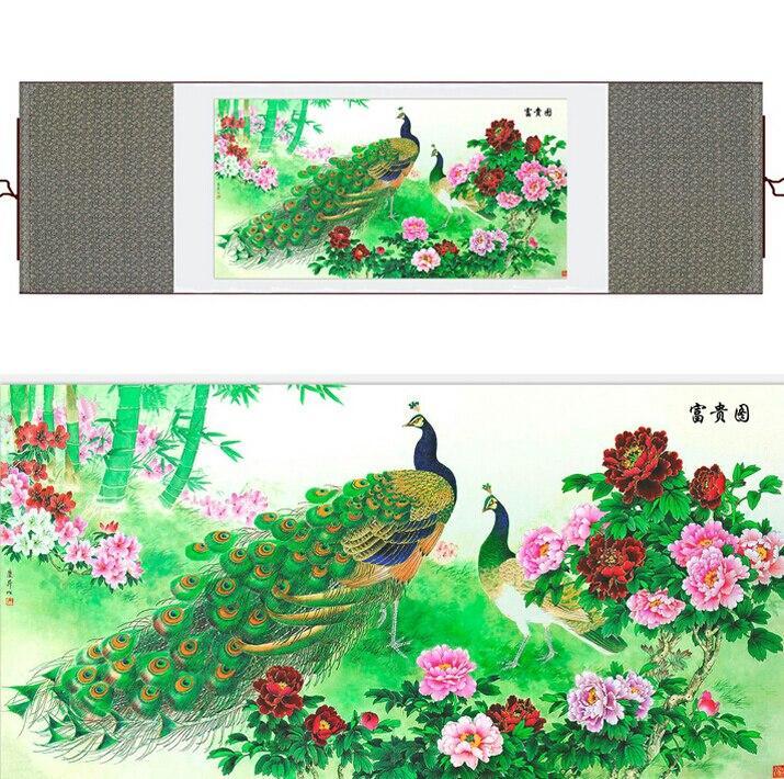 Chinese Art Scroll Painting Animal Birds In Water Peacock Ancient Silk Picture Wall Ideas 11302-Chinese Style Finds™