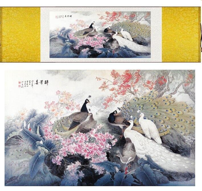 Chinese Art Scroll Painting Animal Birds In Water Peacock Ancient Silk Picture Wall Ideas 11306-Chinese Style Finds™