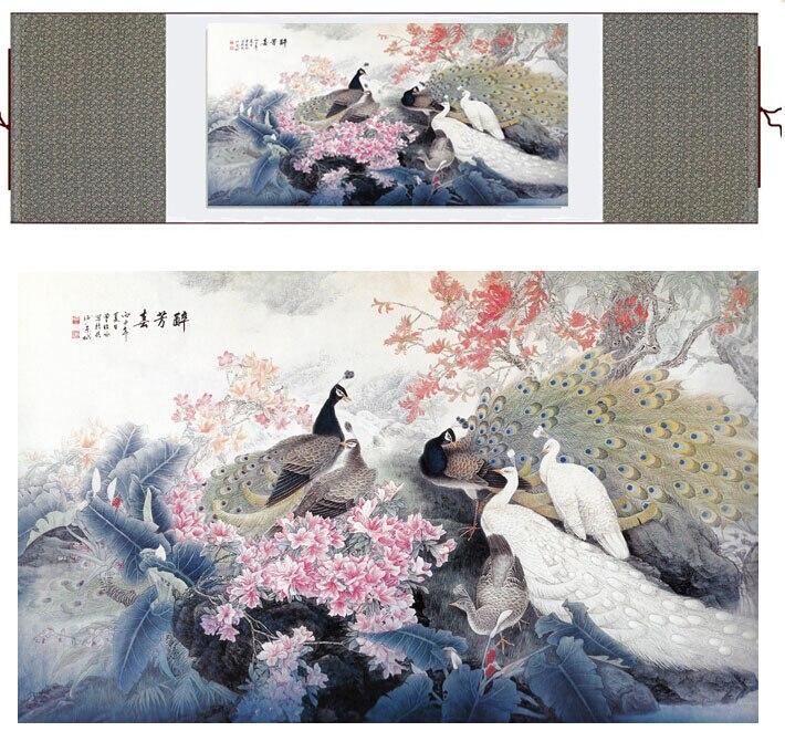 Chinese Art Scroll Painting Animal Birds In Water Peacock Ancient Silk Picture Wall Ideas 11306-Chinese Style Finds™