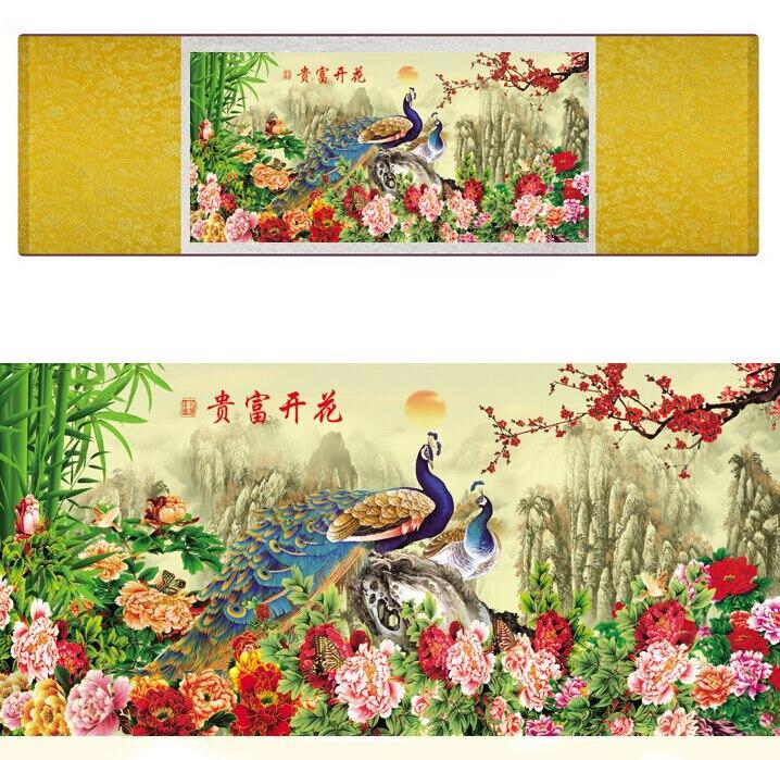 Chinese Art Scroll Painting Animal Birds In Water Peacock Ancient Silk Picture Wall Ideas 11402-Chinese Style Finds™