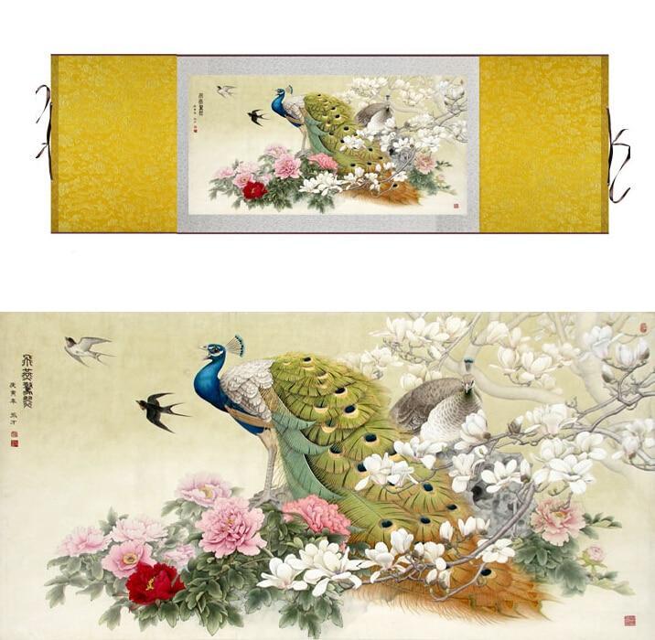 Chinese Art Scroll Painting Animal Birds In Water Peacock Ancient Silk Picture Wall Ideas 11678-Chinese Style Finds™