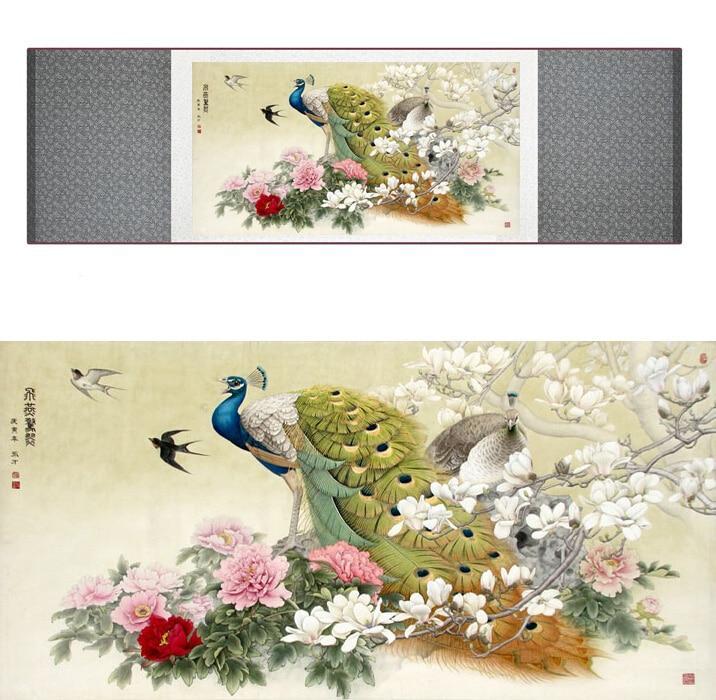 Chinese Art Scroll Painting Animal Birds In Water Peacock Ancient Silk Picture Wall Ideas 11678-Chinese Style Finds™