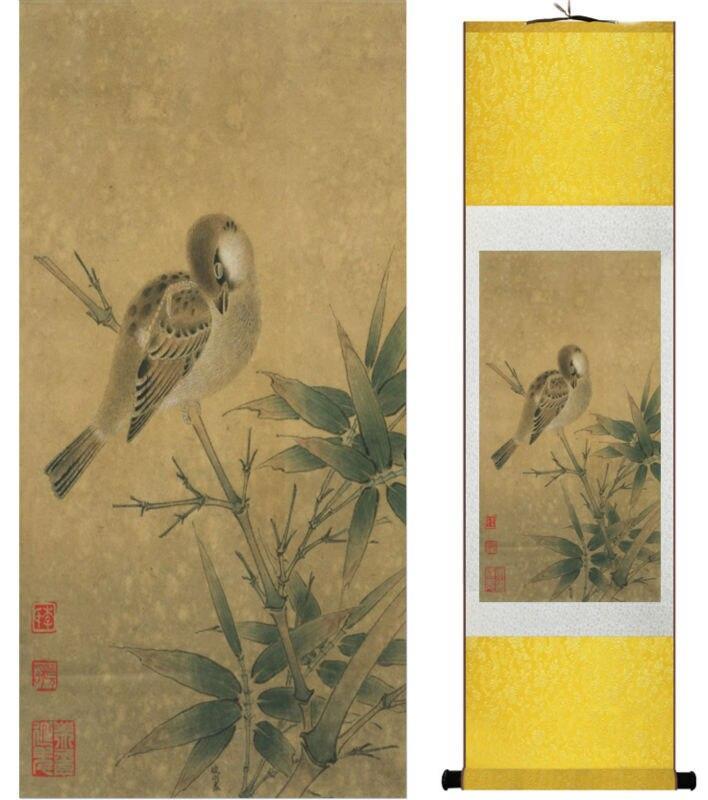 Chinese Art Scroll Painting Animal Birds On Bamboo Ancient Silk Picture Wall Ideas 13926-Chinese Style Finds™