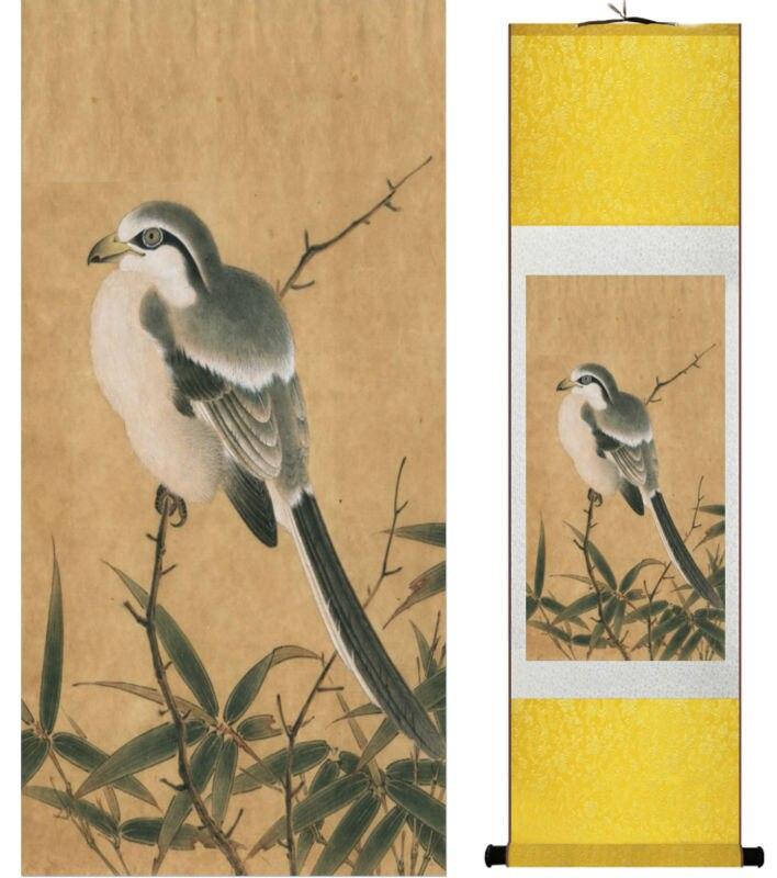 Chinese Art Scroll Painting Animal Birds On Bamboo Ancient Silk Picture Wall Ideas 13930-Chinese Style Finds™