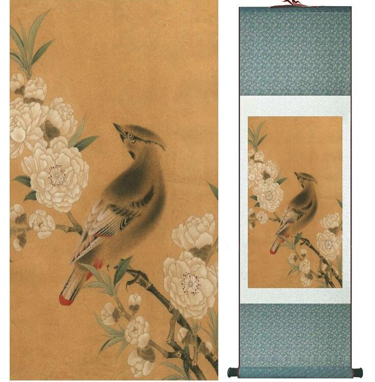 Chinese Art Scroll Painting Animal Birds On Flower Ancient Silk Picture Wall Ideas 13934-Chinese Style Finds™