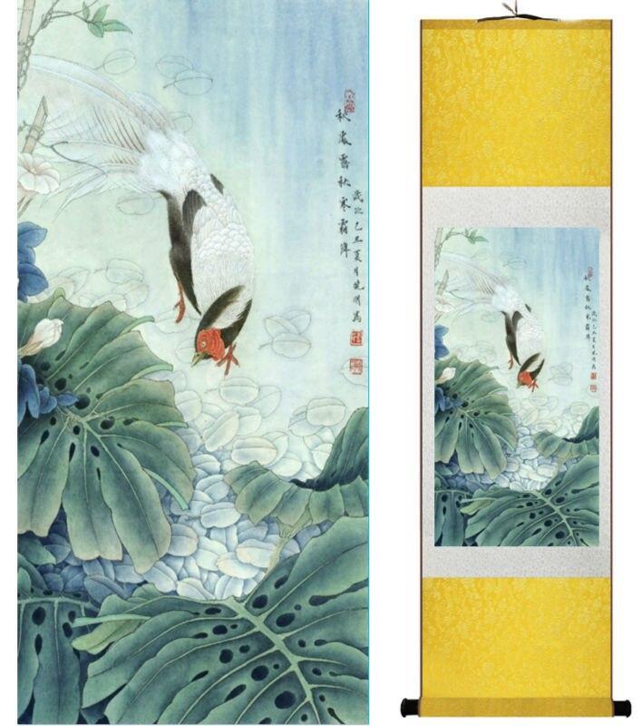 Chinese Art Scroll Painting Animal Birds On Flower Ancient Silk Picture Wall Ideas 14030-Chinese Style Finds™