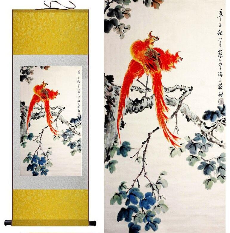 Chinese Art Scroll Painting Animal Birds On Tree Ancient Silk Picture Wall Ideas 10554-Chinese Style Finds™