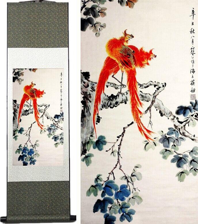 Chinese Art Scroll Painting Animal Birds On Tree Ancient Silk Picture Wall Ideas 10554-Chinese Style Finds™