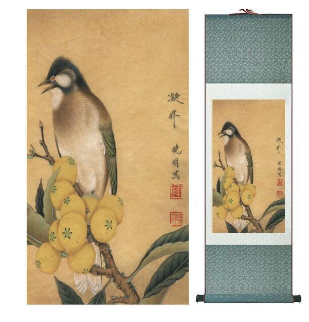 Chinese Art Scroll Painting Animal Birds On Tree Ancient Silk Picture Wall Ideas 14034-Chinese Style Finds™