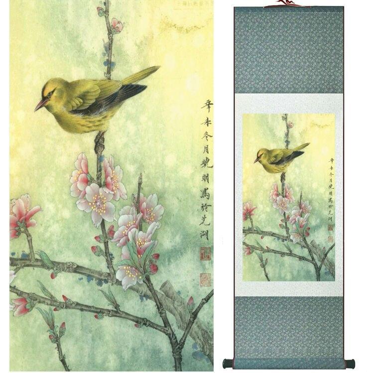 Chinese Art Scroll Painting Animal Birds On Tree Ancient Silk Picture Wall Ideas 14054-Chinese Style Finds™