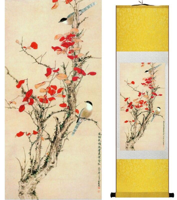 Chinese Art Scroll Painting Animal Birds On Tree Ancient Silk Picture Wall Ideas 14186-Chinese Style Finds™