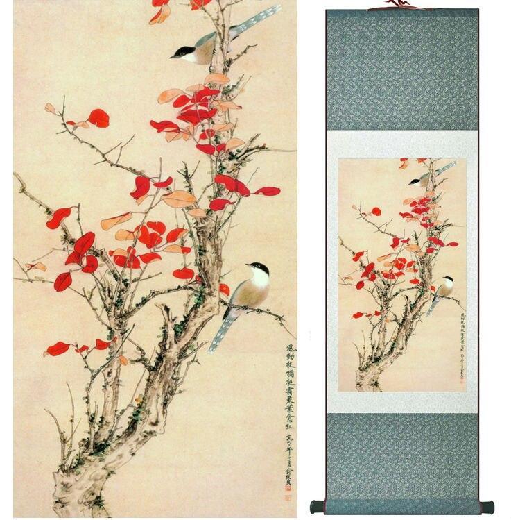 Chinese Art Scroll Painting Animal Birds On Tree Ancient Silk Picture Wall Ideas 14186-Chinese Style Finds™