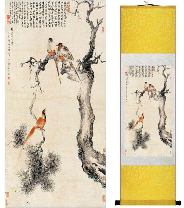 Chinese Art Scroll Painting Animal Birds On Tree Ancient Silk Picture Wall Ideas 14266-Chinese Style Finds™