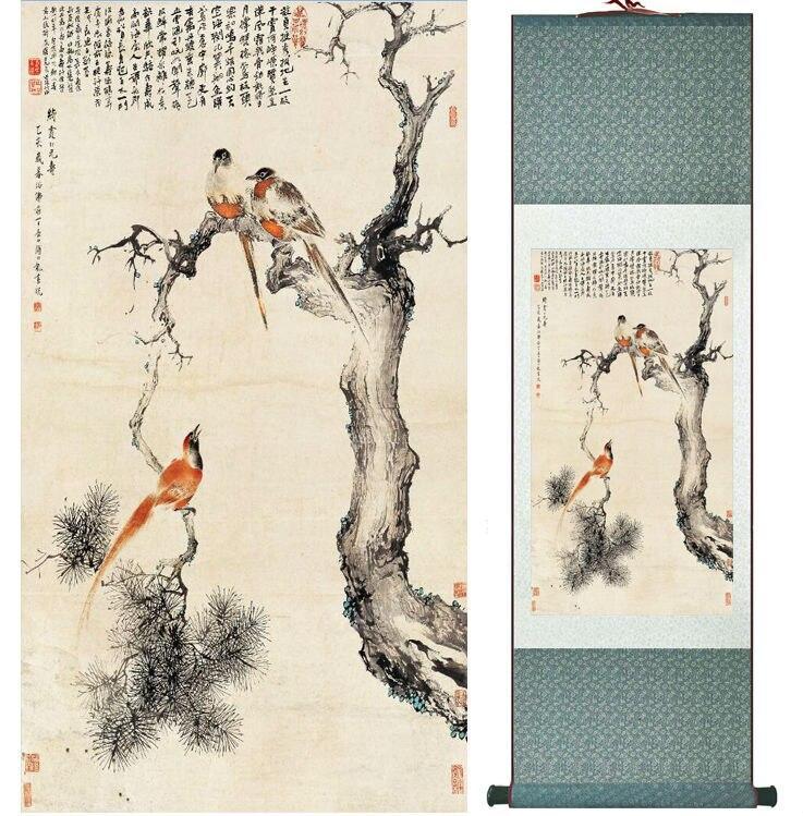 Chinese Art Scroll Painting Animal Birds On Tree Ancient Silk Picture Wall Ideas 14266-Chinese Style Finds™