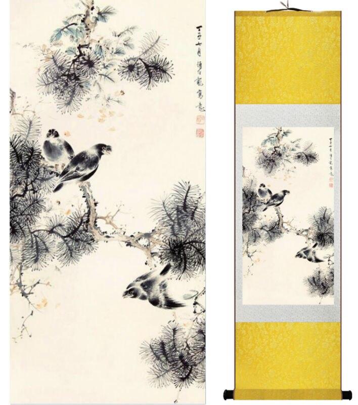 Chinese Art Scroll Painting Animal Birds On Tree Ancient Silk Picture Wall Ideas 14270-Chinese Style Finds™