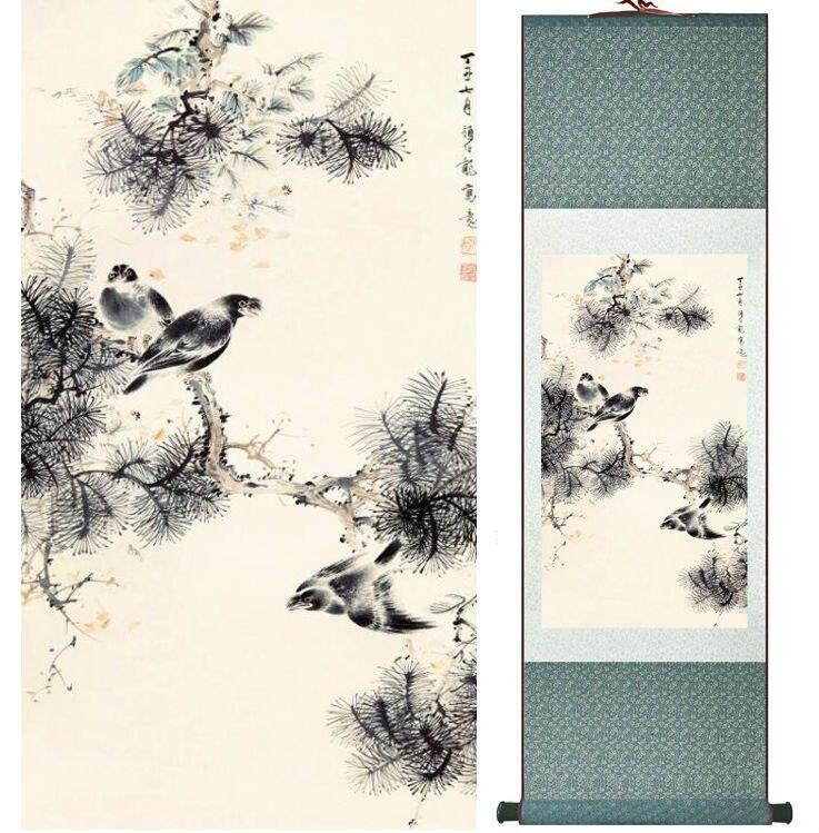 Chinese Art Scroll Painting Animal Birds On Tree Ancient Silk Picture Wall Ideas 14270-Chinese Style Finds™